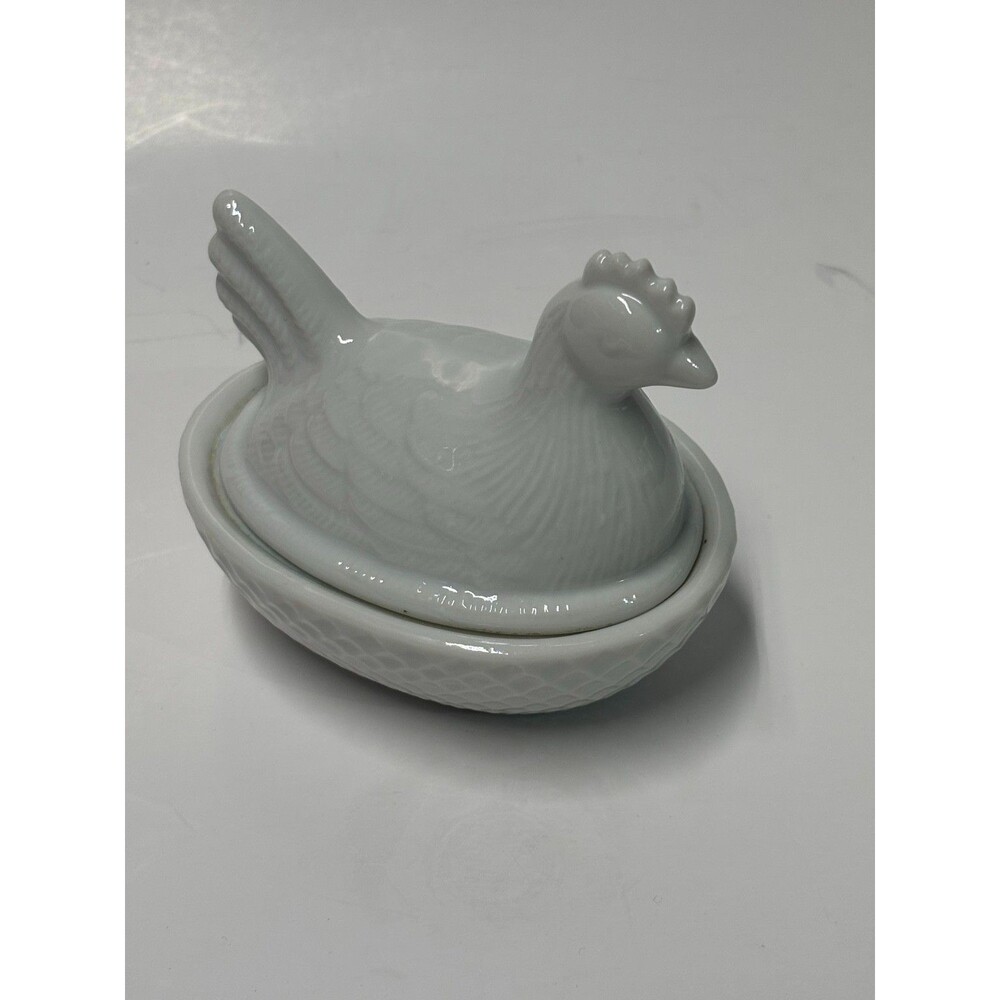 White Ceramic‎ Hen on Nest Covered Dish Chicken Basketweave
